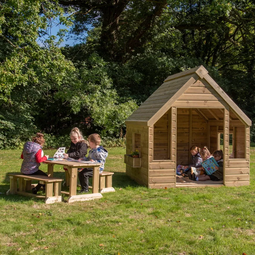 Outdoor Wooden Playhouse Shelter with Table & Benches