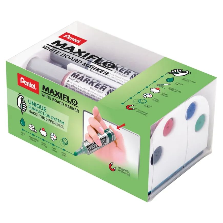 Pentel Maxiflo Whiteboard Marker & Magnetic Eraser Set Med