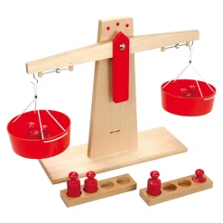 Wooden Tabletop Scales and 8 Weights